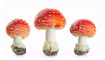Poisonous mushroom with red cap isolated on white. Amanita muscaria, fly agaric.