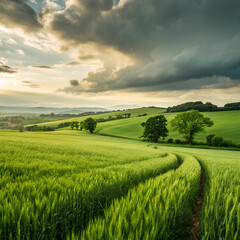 Fototapeta premium green agriculture field with cloudy sky background