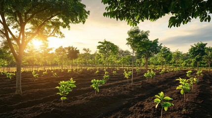 Obraz premium Sunrise Lighting Over Young Trees in Green Agricultural Landscape