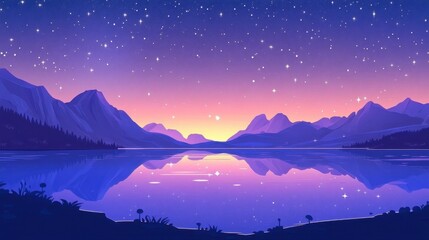 Tranquil lake reflecting a brilliant night sky with aurora, scattered stars, and serene mountains in a stunning flat cartoon design