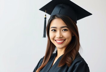 A happy female graduate standing in front of a clean background