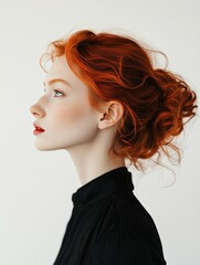 Side profile portrait of a young woman with vibrant red hair styled gracefully, wearing a stylish black outfit, emanating elegance and introspection. Perfect for themes of fashion and beauty.