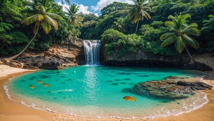 Tropical Beach with Waterfall, Turquoise Pool, and Lush Greenery, Generative AI illustration