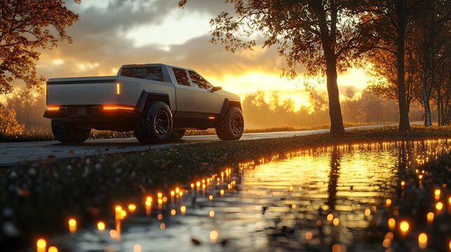 Futuristic 4WD parked on grass near a highway with sparkling streetlights, trees, and a lake in the background. A perfect blend of nature and modernity, ideal for automotive ads or eco-tourism promos.