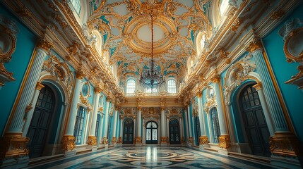 Fototapeta premium The Grand Hall of Catherine Palace: A Symphony in Blue and Gold