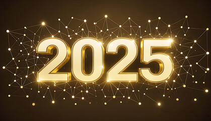 Futuristic dark Digital Representation of the Year 2025 with Glowing gold Graphics