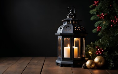 Ornate Black Lantern with Candlelight, Festive Christmas Decor