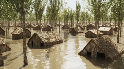 Flooded village with thatched-roof houses surrounded by trees in still water.