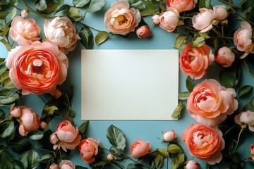 Floral arrangement with blank card on a blue background ideal for invitations or personal notes