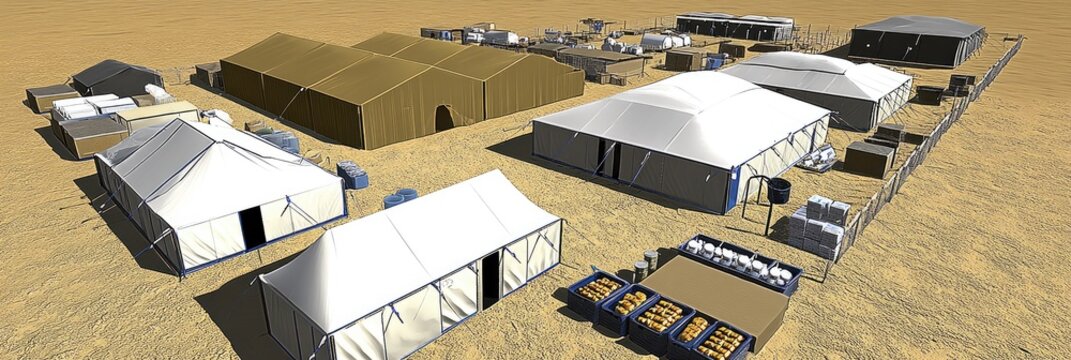 Aerial view of a temporary tent city in a desert environment.