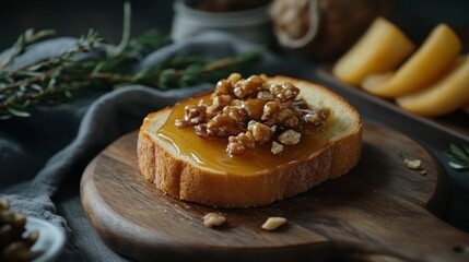 Toast with Honey and Nuts on Wooden Board with Fresh Ingredients