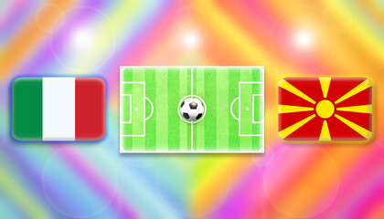 Italy and North Macedonia flag on soccer field with ball.Football match concept against multicolored abstract background.Copy space for text.