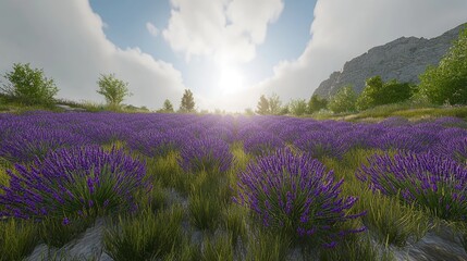Obraz premium A vibrant lavender field under a bright sky with mountains in the background.