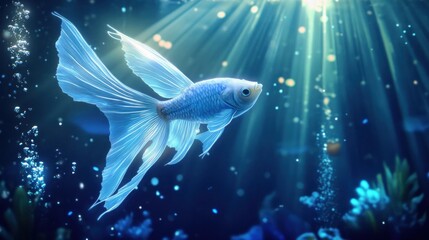 Fototapeta premium Serene blue betta fish swimming in underwater light.