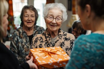 Joyful celebration with elderly women receiving colorful gift, s