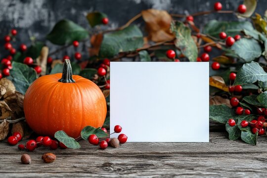 Vibrant autumn display featuring a pumpkin, red berries, and a blank card on rustic wooden surface