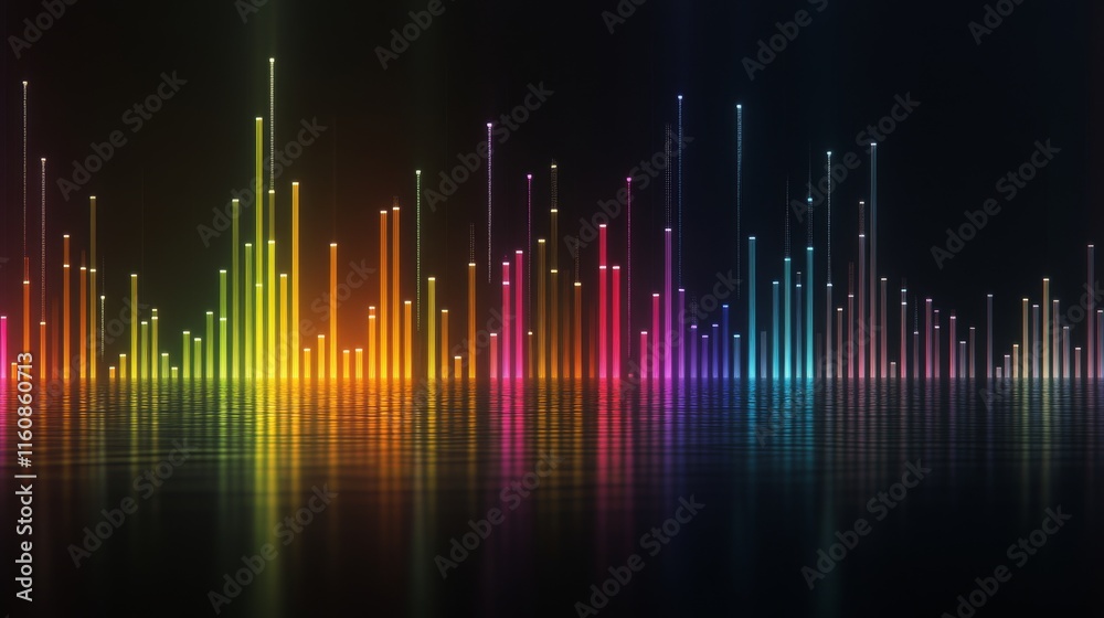 Poster colorful sound waves in vibrant spectrum on dark background