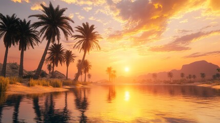 Obraz premium Serene sunset over tranquil oasis with palm trees.