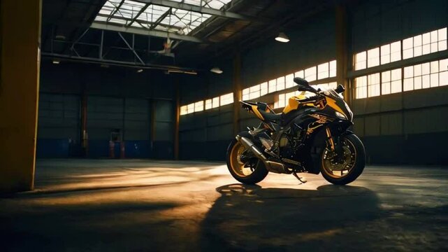 A lone superbike parked bright overhead LED light, surrounded by darkness, symbolizing isolation adventure, Japanese anime-style 4k lofi hip-hop bites landscape music background animation video