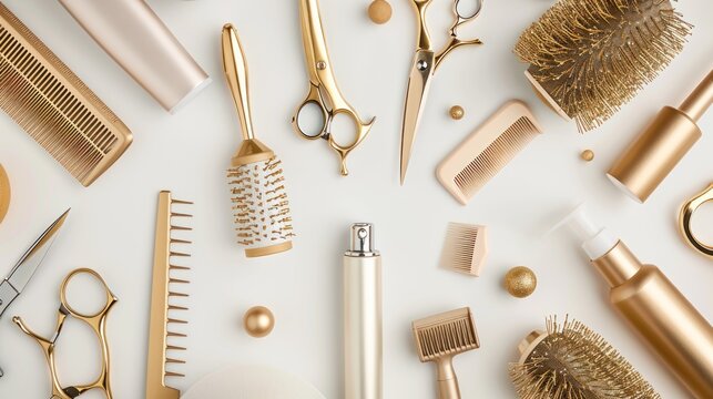 Gold hair salon tools and products arranged on white background.