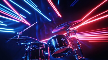 Neon light streaks illuminate a drum kit.