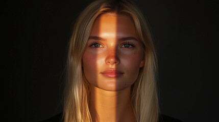 Fototapeta premium A blonde-haired girl with freckles on her face, illuminated by contrasting light dividing her face into bright and dark parts, set against a dark background