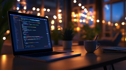 Night Coding Session: Laptop with Code on Screen, Cozy Atmosphere