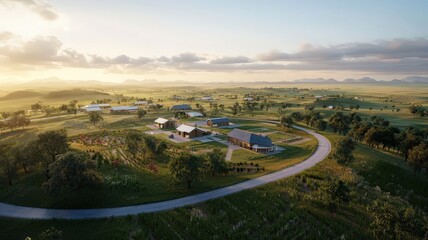 Obraz premium distribution resources optimization concept. A scenic aerial view of a rural landscape with winding roads and charming farmhouses bathed in golden sunlight.