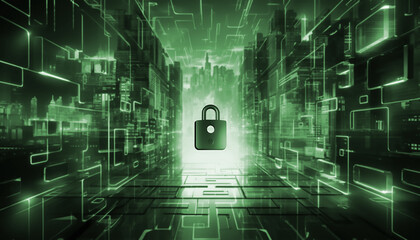 Obraz premium Digital Security Concept with Green Lock in Futuristic Cyber Network