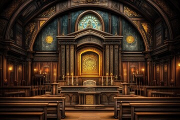 Obraz premium A grand interior of a wooden church, featuring an altar and stained glass windows.