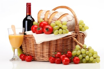 Delectable summer picnic provisions bread fruit juice cheese and tomatoes presented in a wicker hamper isolated on white background