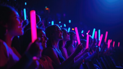 Crowd holding glowing sticks, illuminated by vibrant lights, cre