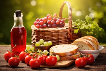 Delectable summer picnic provisions bread fruit juice cheese and tomatoes presented in a wicker hamper isolated on white background