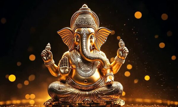 Golden idol of Lord Ganesha on a dark background