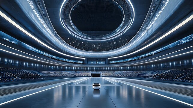 A futuristic sports stadium with autonomous seating and fully immersive VR sections featuring a sleek high tech interior design with geometric patterns curves and vibrant blue lighting