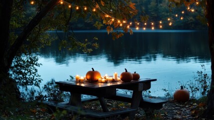 Obraz premium Autumnal picnic table by lake at dusk with pumpkins and string lights.