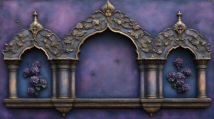 Obraz premium Ornate Archway with Purple Hydrangeas and Golden Accents