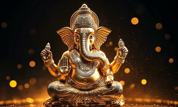 Golden idol of Lord Ganesha on a dark background