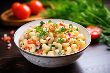 Delicious homemade macaroni salad with tomato onion celery and parsley