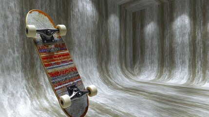 Obraz premium A skateboard rests in a textured, abstract space with soft lighting.