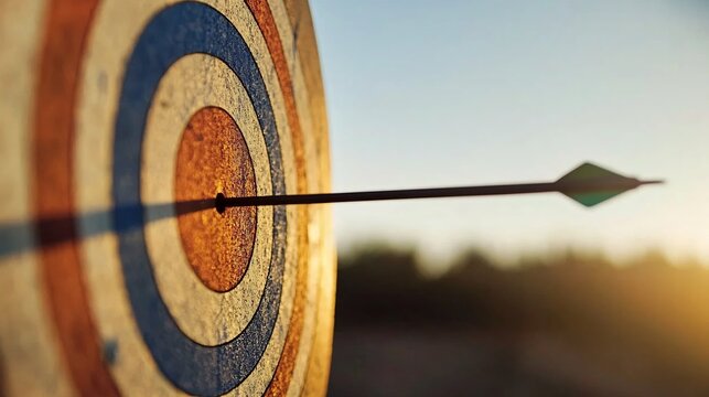 Archery Target with Arrow Hitting the Bullseye on Wooden Board Under Clear Sky  Precision Skill and in Outdoor Sports Activity