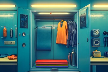 Fototapeta premium An open exercise locker reveals colorful gear: a yoga mat, protein shaker, headphones, and a folded tank top. The worn interior and bright lighting add realism, ideal for fitness ads or articles.