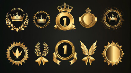 Gold badges and labels, business vector design. Premium quality guarantee certificate, best choice product and seller award, 3d stamps, medals and ribbon rosettes with golden royal crowns, trophy cups