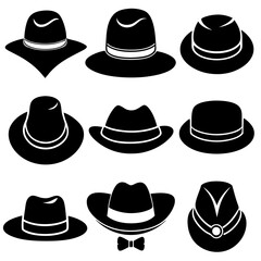 Hat icon set silhouette vector on white background 