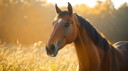 Obraz premium Detailed close up portrait of a magnificent racehorse with a shimmering coat standing in a tranquil golden meadow under the warm sunlight