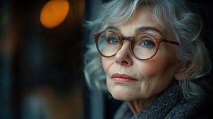 Sad senior woman looking out a window, feeling depressed and lost in thought
