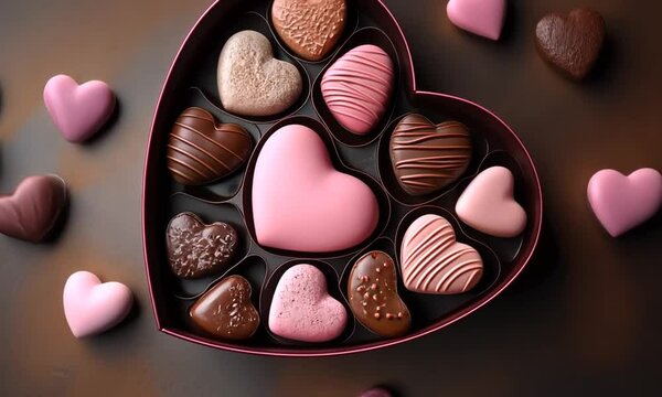 Colorful heart shaped chocolates in a heart shaped box on a table