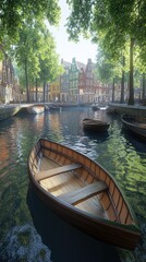 Obraz premium A serene canal scene with wooden boats and vibrant buildings under lush trees.