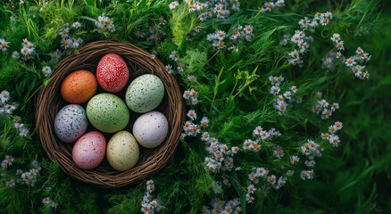 Colorful Easter Eggs in a Nest on Springtime Flowers