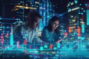 Businessman and businesswoman working together in online trading concept